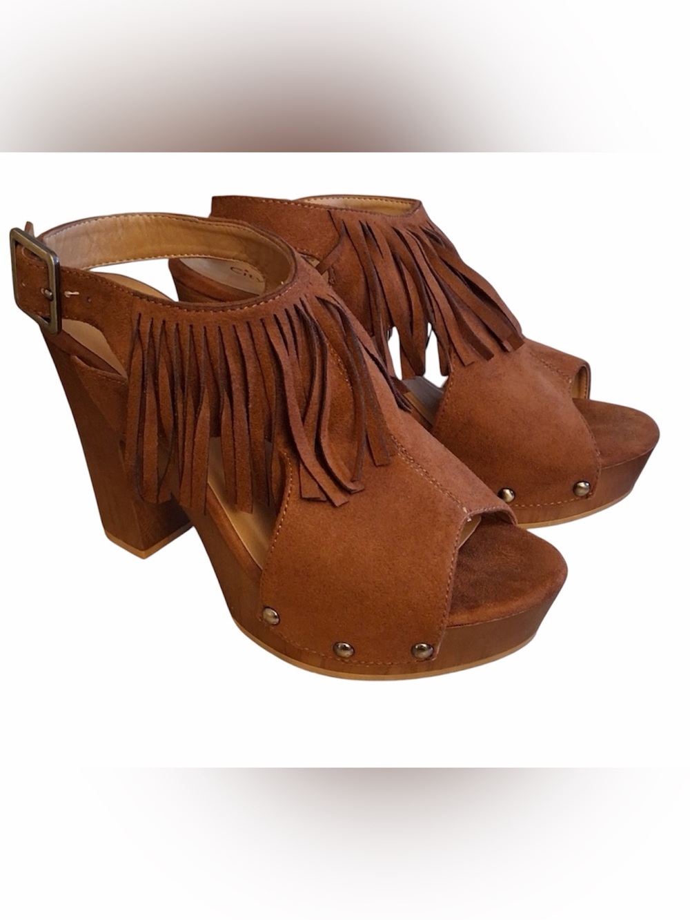 City Classified Suede Brown Fringe Platform Peeptoe Sandals Size 7